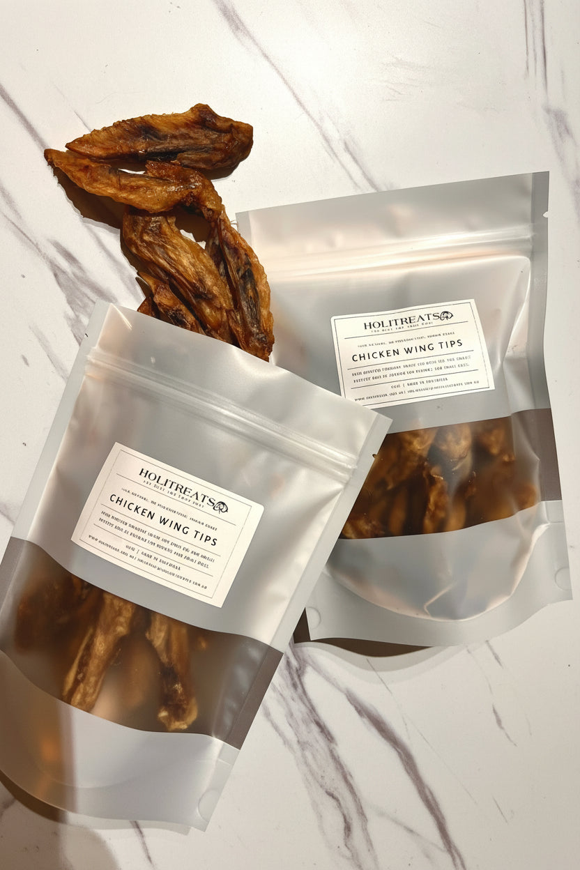 Holtreats chicken wing tips packaging on a marble surface