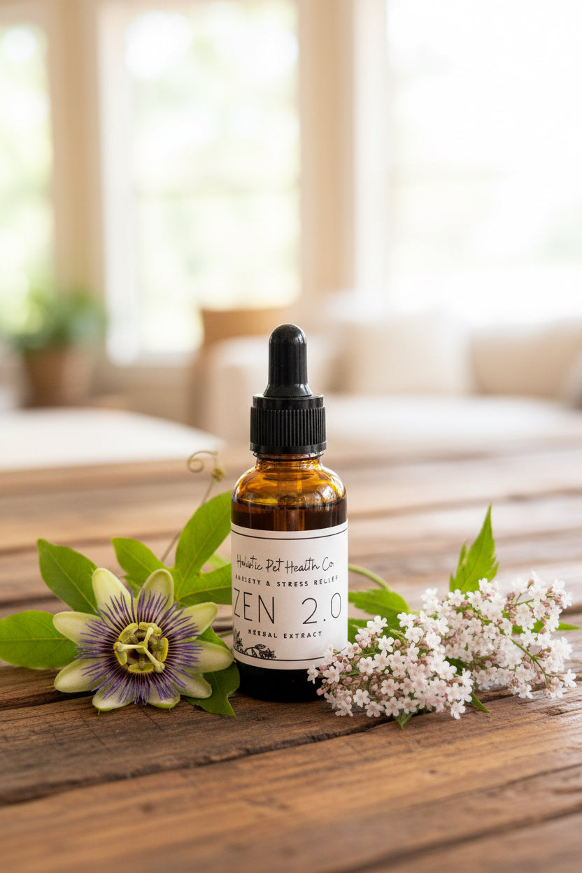 Bottle of 'Zen 2.0' on a countertop with a plant in the background