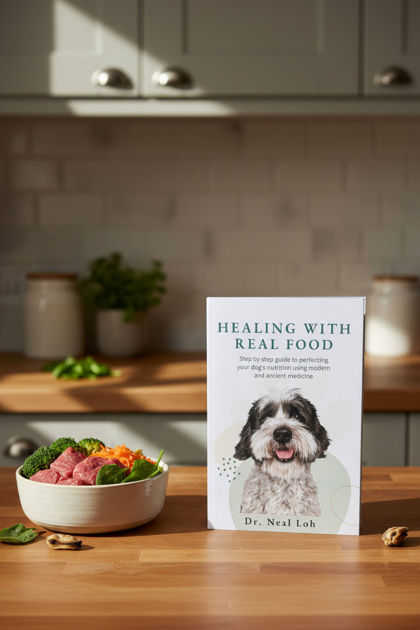 Book titled 'Healing with Real Food' by Dr. Neal Loh on a kitchen counter with a bowl of dog food.