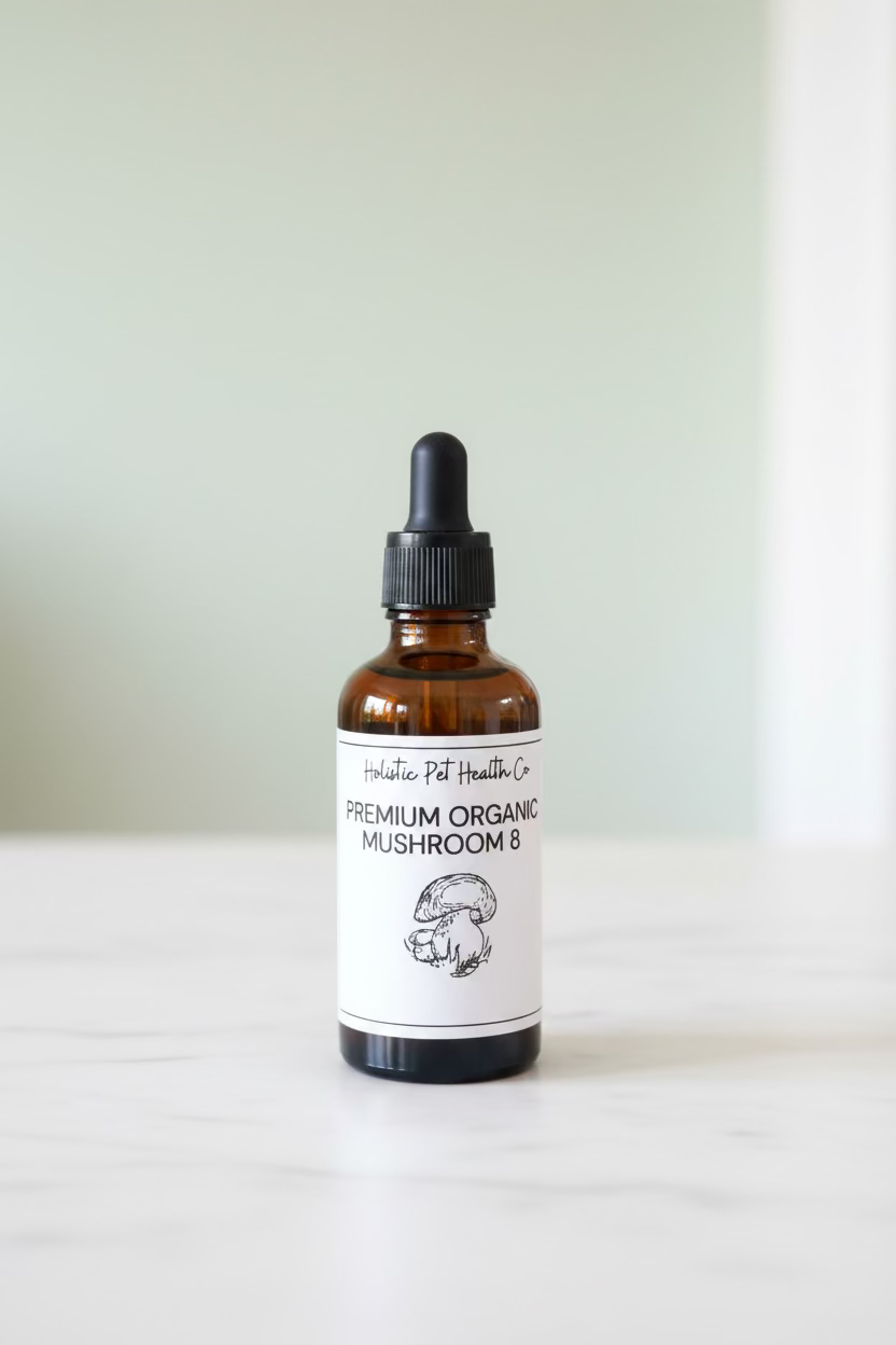 Bottle of 'Premium Organic Mushroom Extract' on a wooden table with a laptop in the background.